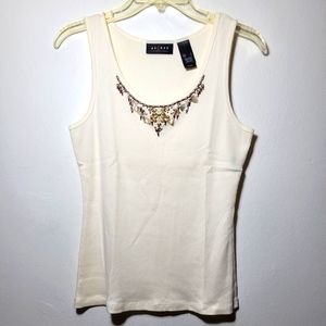 Bead and Shell Embellished Ribbed Cotton Tank Top Cream Color Size L by Axcess